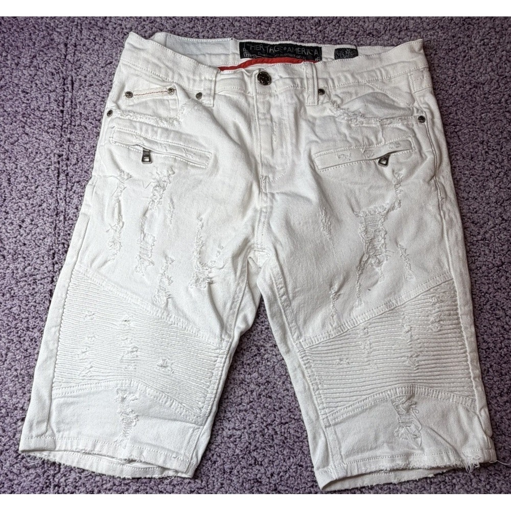 Heritage America White Denim Shorts Men's W36 Distressed Moto Biker